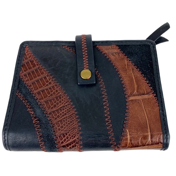 Fossil Leather Patchwork Wallet Black Brown Trifold - Picture 1 of 5